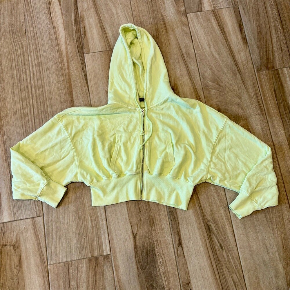 Forever 21 Cropped Zip-Up Hoodie Womens Size S Lime Green Oversized Boxy
